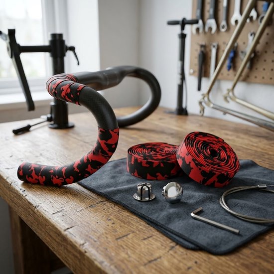 Zwart rode stuurlinten wielrennen unisex antislip stuur tape camouflage patroon voor racefiets inclusief bar ends fiets stuur lint — afbeelding 2
