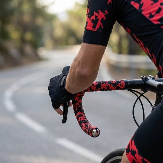 Zwart rode stuurlinten wielrennen unisex antislip stuur tape camouflage patroon voor racefiets inclusief bar ends fiets stuur lint — afbeelding 5