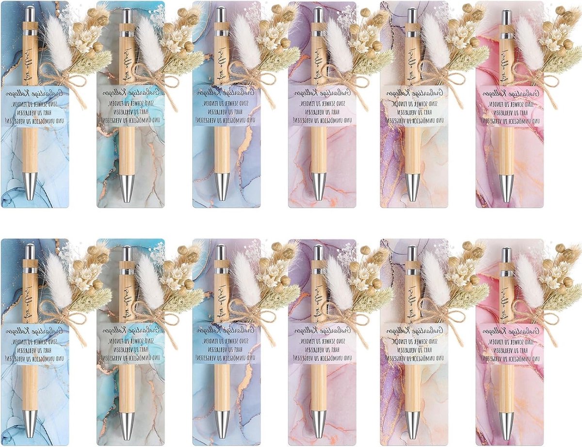 Cadeaus met Houten Balpen en Gravering - Boeket van Echte Gedroogde Bloemen en Papieren Penhouder voor Afscheidscadeau Leraar, Collega of Vriend (12 Sets, Marmerkleur)