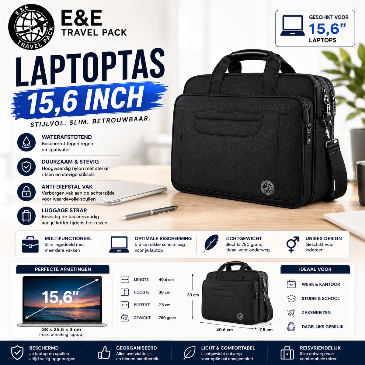 Multifunctionele Premium Laptoptas 15,6” – Voor Studie, Werk & Zakenreis-E&E Travel Pack Laptoptas 15,6” – Voor Studenten, Reizigers & Werk-Voor Studenten, Docenten, Reizigers & Kantoor-Voor Iedereen On-the-Go