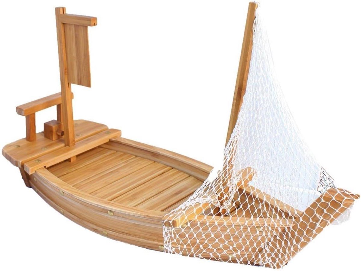 Sushi Boot - Houten Schip - Diner Presentatie - Decoratief Net - 80 cm Lengte - Natuurlijk Hout