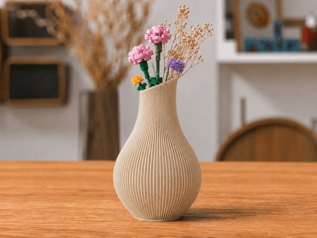 Moderne Organische Design Vaas – Decoratieve Bloemenvaas voor Droogbloemen & Botanical Bloemsets – Ribbel Design – Minimalistische Woondecoratie – Woestijn Beige – 17,9 CM - Skushy