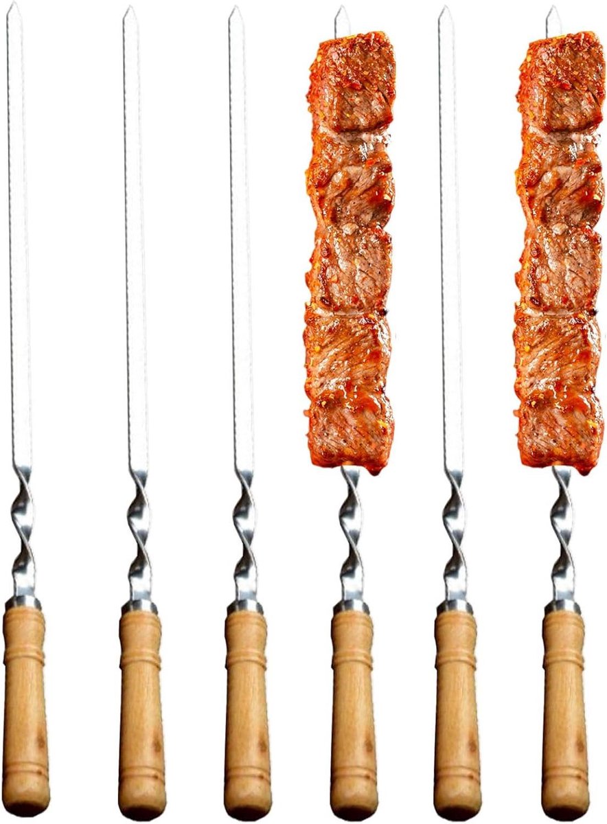 Kebab Spiesen - BBQ Stokken - Buiten Koken - Plat RVS Ontwerp - 6 Stuks 55cm - Zilverkleurig