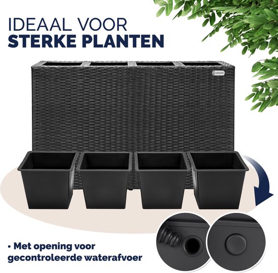 Zwarte polyrattan plantenbak, 95x27x60cm, met 4 vierkante uitneembare potten en waterafvoer.