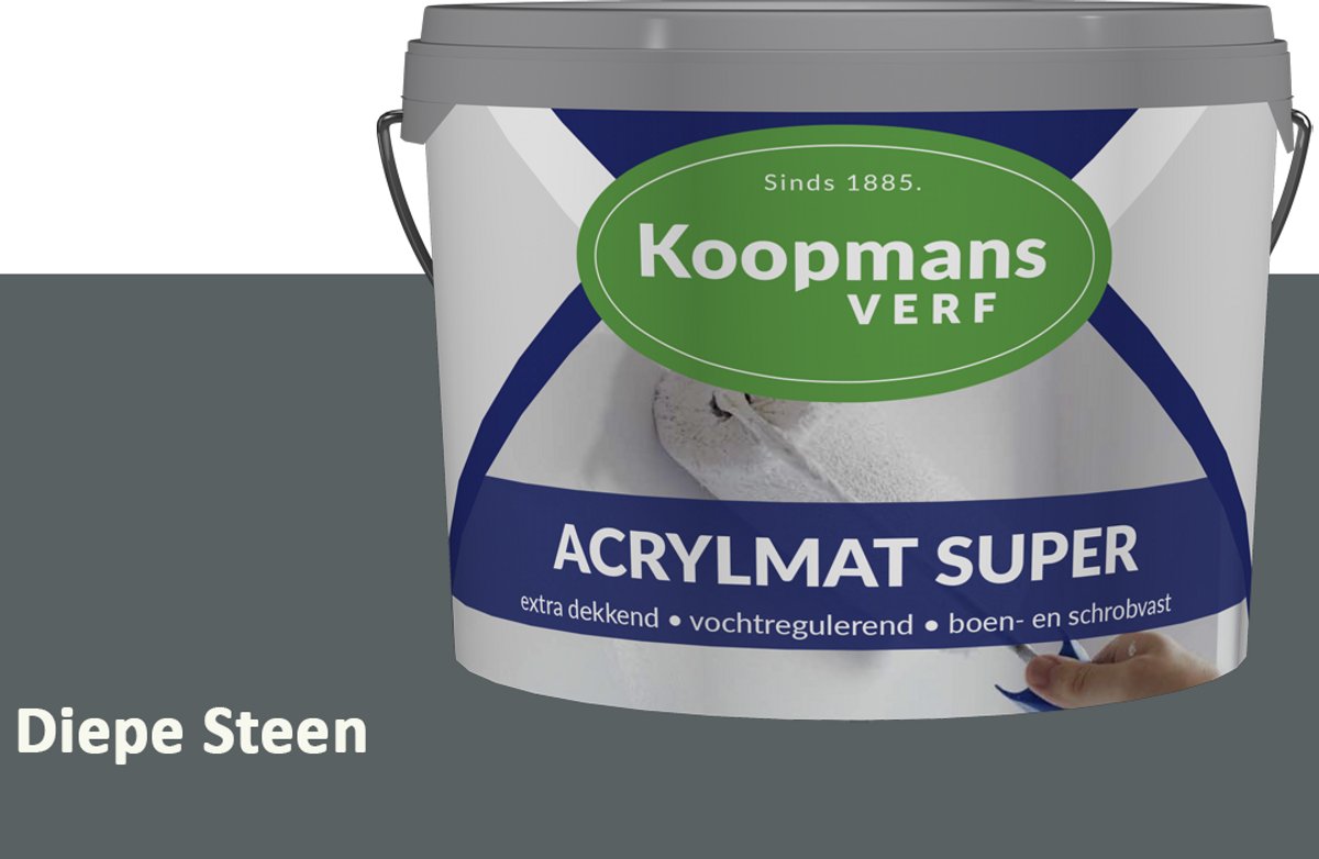 Koopmans Acrylmat Super Matte Muurverf – Professionele Binnenmuurverf en Buitenmuurverf – Reukarm en Afwasbaar – Diepe Steen – 10 liter