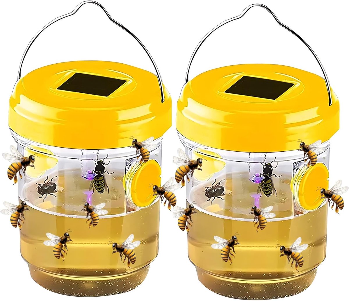 carmdering - Zonne Wespenval - Zonne Insectenvanger - Hangende Val - Automatische LED Verlichting - Fysieke Vangmethode - Duurzaam Kunststof - Waterdicht En Hittebestendig - Ideaal Voor Tuin En Balkon - 2 Stuks-geel