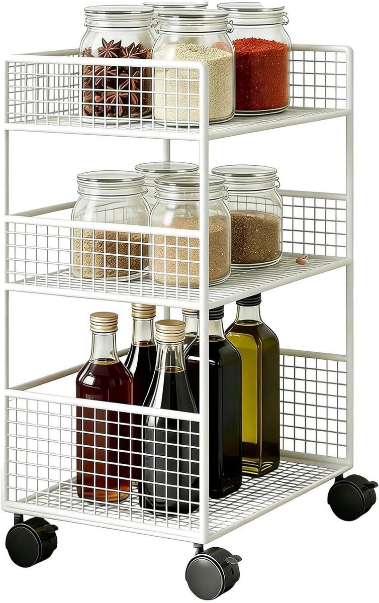 Opbergwagen Metaal - Verrijdbare Trolley - Ruimte Besparen - 3 Niveaus - 49 x 21 x 49 cm - Wit