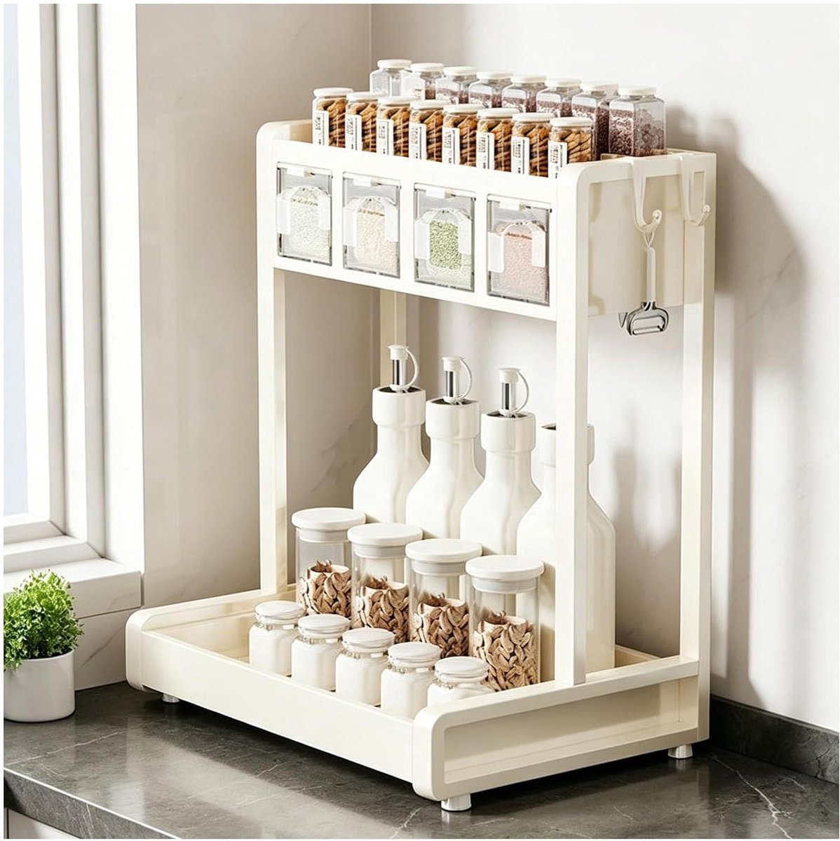 Keukenorganizer Rek - Kruidenhouder - Keuken Opbergen - Metaal Met Haken - 4 Cellen - Wit