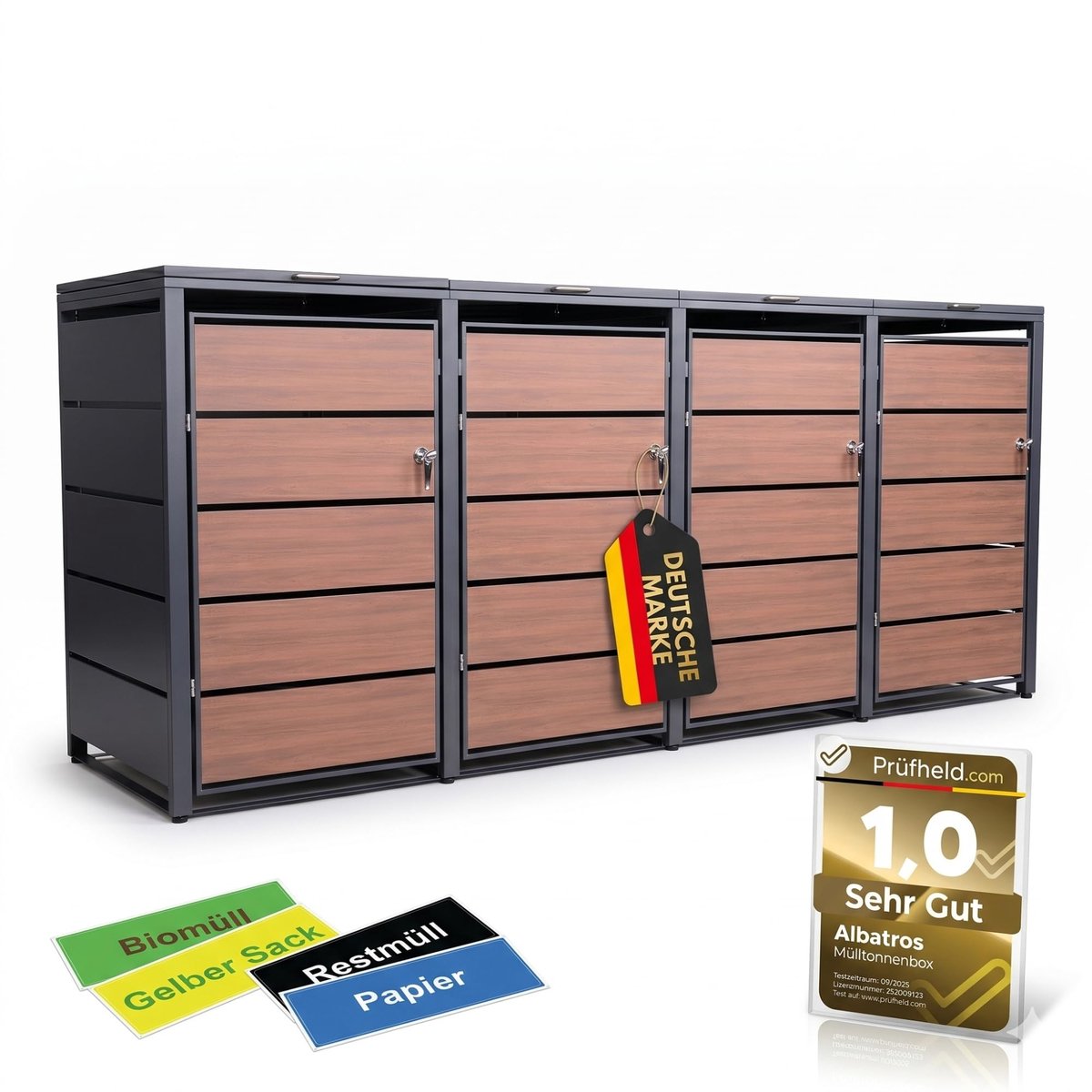 ALBATROS afvalcontainerbox voor 4 containers, houtlook, 120 l tot 240 l, voor vier containers, afvalcontainerbehuizing van gegalvaniseerd metaal met houtlook, afsluitbaar, weerbestendig, getest volgens ISO 9227, inclusief set stickers
