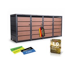 ALBATROS afvalcontainerbox voor 4 containers, houtlook, 120 l tot 240 l, voor vier containers, afvalcontainerbehuizing van gegalvaniseerd metaal met houtlook, afsluitbaar, weerbestendig, getest volgens ISO 9227, inclusief set stickers