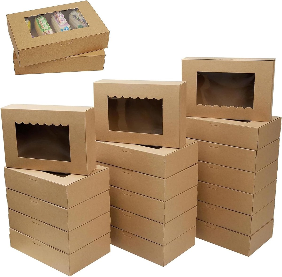 Kraft Kartonnen Biscuitdoos met Kijkvenster voor Taarten, Koekjes en Muffins - Verpakking voor Feestjes en Cadeaus