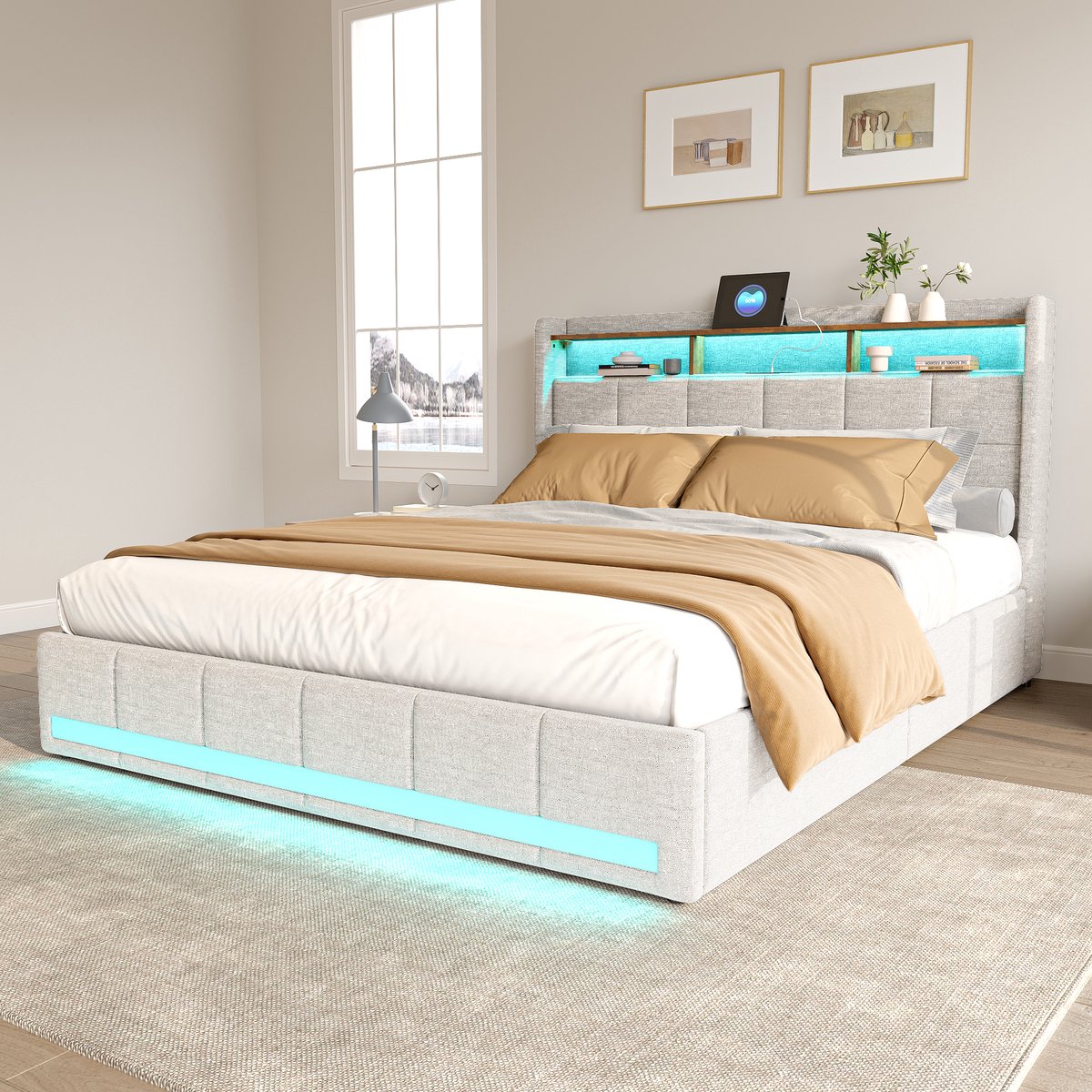 ROSAHQNDA Led bed 140x200 cm Tweepersoonsbed met USB en Type-C poorten, 4 laden, linnen stof beige - zonder matras