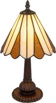 Klassieke Tiffany tafellamp met crème en amberkleurig glas in lood. De lamp heeft een donker metalen voet en is opengewerkt.