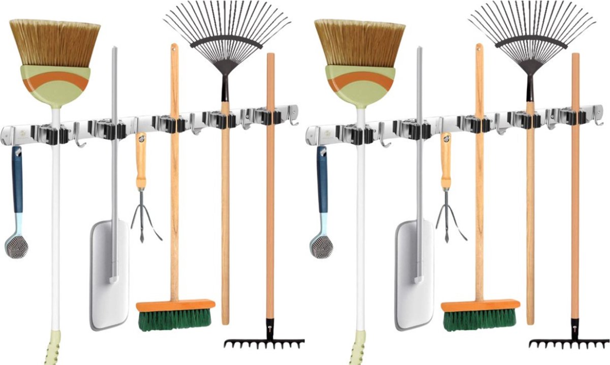 Recalma Bezemhouder - Set van 2 - Bezem Ophangsysteem - 6 Haken 5 Klemmen - Tuingereedschap Ophangsysteem - Gereedschapshouder - Zwart - 60 CM - RVS