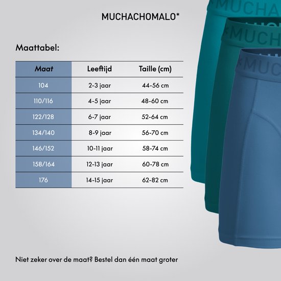 Maattabel voor Muchachomalo boxershorts voor kinderen, met leeftijden en maten.
