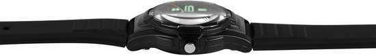 Zijkant van een zwart horloge met een glimmende kast en een digitale display die '10' toont.