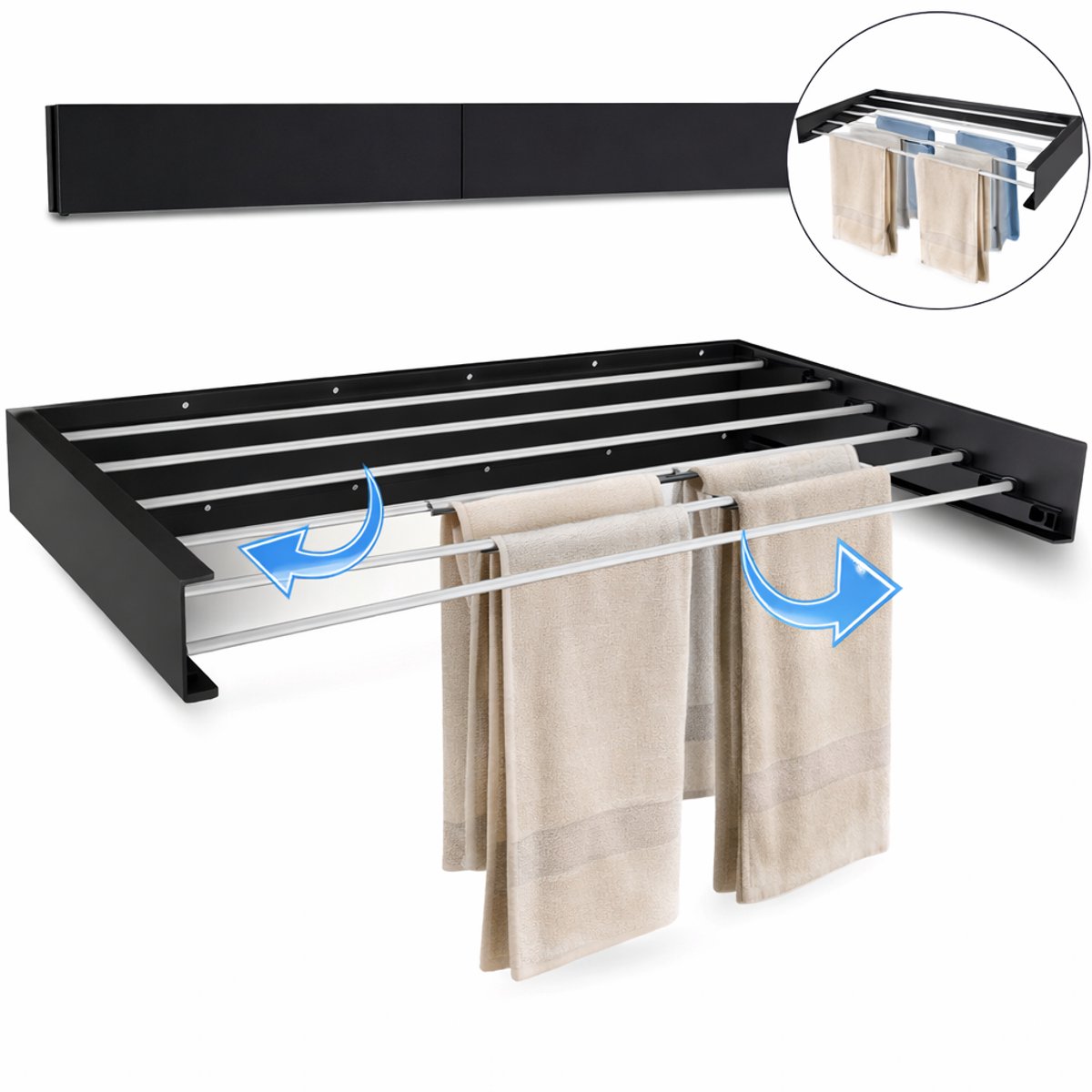 Movela® Wanddroogrek - Wanddroogrek - Droogrek Inklapbaar - Wasrek Hangend - Wasrek muur - Kledingstang - Wasrek Ophangbaar - Inklapbaar - Zwart