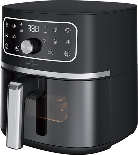 Swiss Haus® AF2305 Airfryer 4.7L met Kijkvenster – 1500W Heteluchtfriteuse – 8 Programma’s – PFAS Vrij Keramisch – Digitaal Display – Timer & Shake Reminder – Zwart