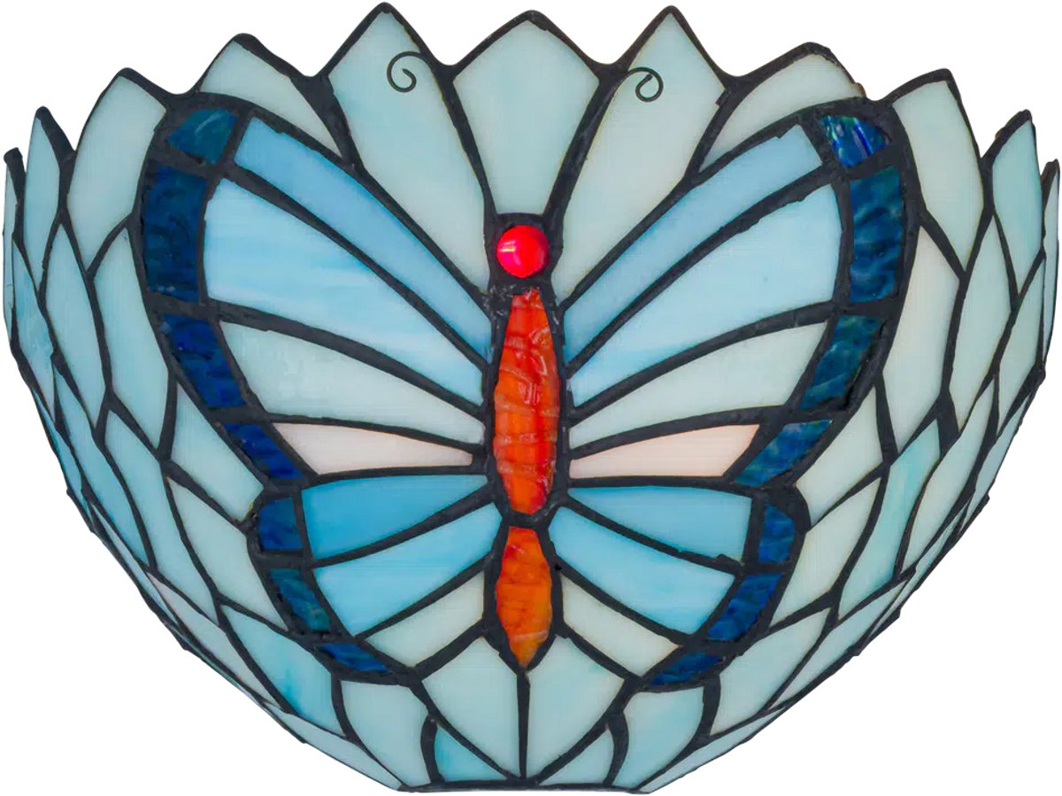 Tiffany wandlamp Vlinder - Blauw - B 25 cm - Glas in lood - Warm licht - Muurlamp | RORUVERA
