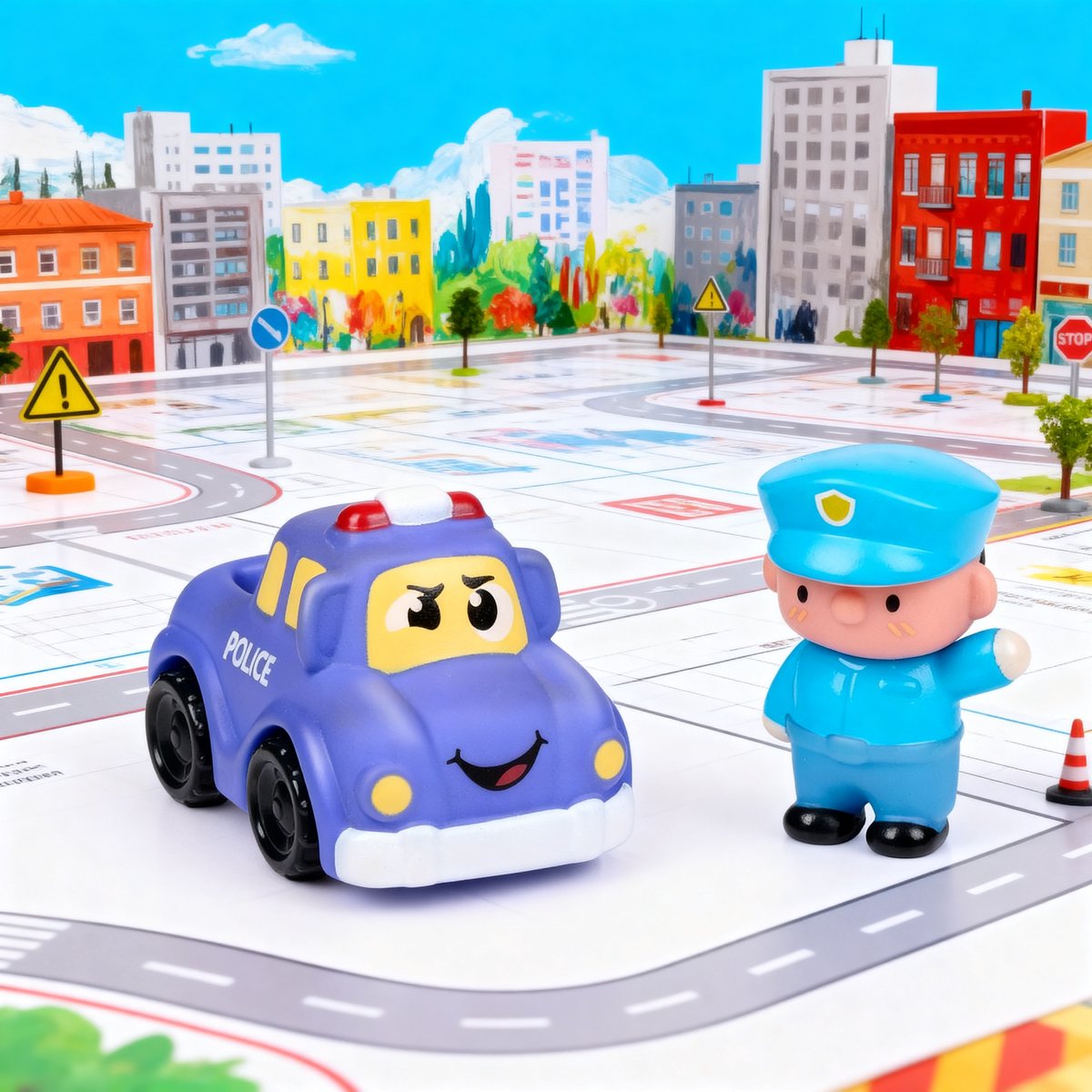 Let's Play politieauto & politiepop speelgoedset - perfect voor peuters vanaf 3 jaar - stimuleert fantasierijk rollenspel - stevig kindvriendelijk ontwerp - 7x5x5 cm - blauw