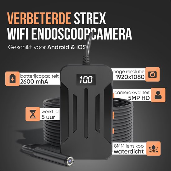 Strex Inspectiecamera 5M - Geschikt Voor Android/IOS - IP68 Waterdicht - 1080P HD - LED Verlichting - Endoscoop - Inspectie Camera - Inspecteren Met Telefoon