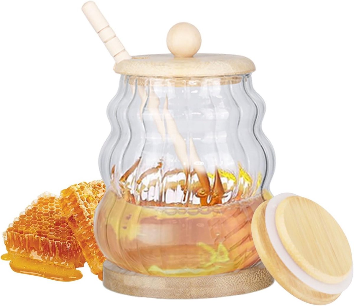 Glazen Honingdispenser met 15 Ounce Honingpot, Druppelvrij met Houten Lepel, Ideaal als Cadeau voor Honingliefhebbers en Keukenaccessoires