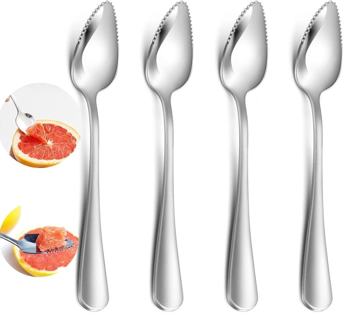 Set van 4 grapefruitlepels, dessertlepels van roestvrij staal, vaatwasmachinebestendig, citruslepels voor grapefruit, pomelo en desserts, 16,7 cm lengte.
