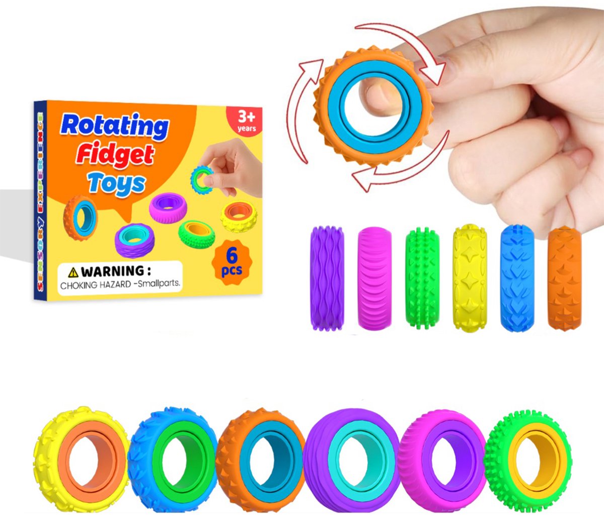 Fidget Ringen Set – 6 Stuks Draaibare Friemelringen (3,5 cm) – Anti Stress & Sensorisch Speelgoed