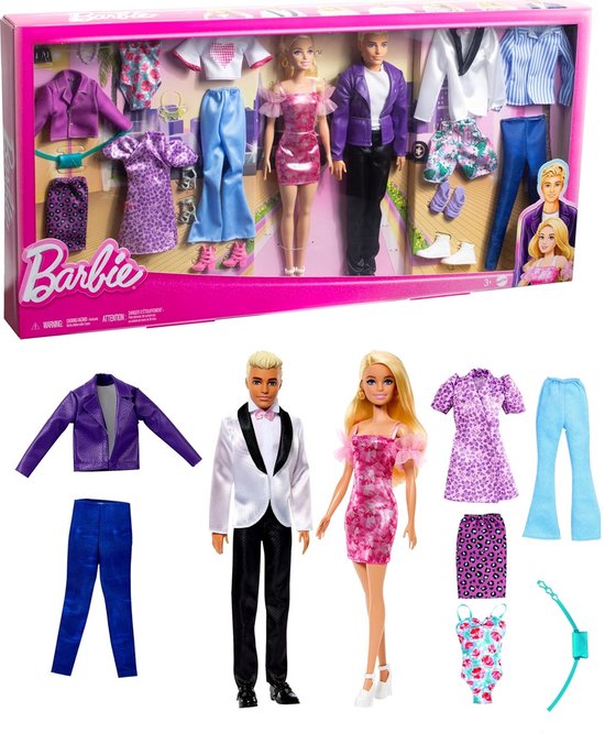 Barbie Ken poppenset met 2 modepoppen, kleding en accessoires, inclusief jurken, T-shirts, broeken, badpakken