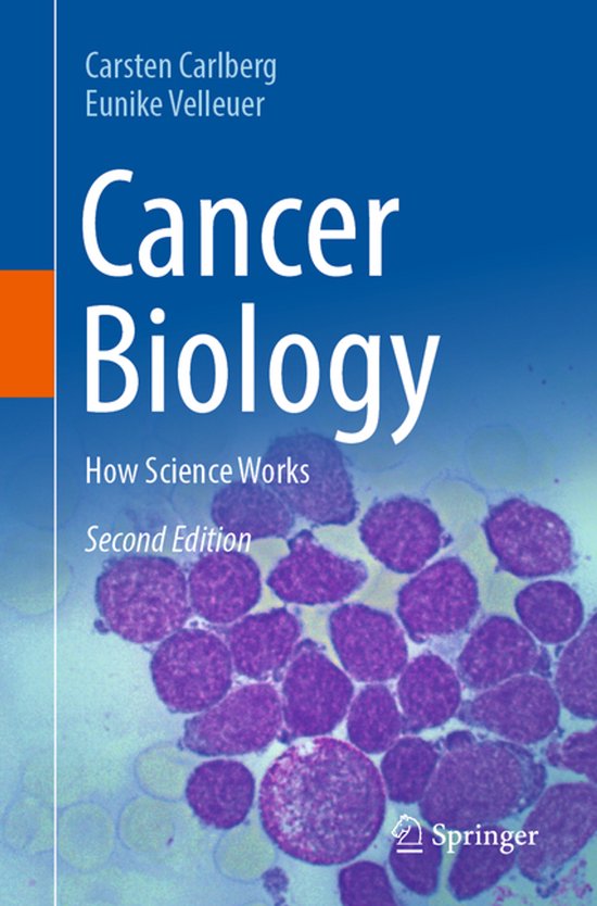 Livre "Cancer Biology: How Science Works, Second Edition" par Carsten Carlberg et Eunike Velleuer avec un fond bleu et une image de cellules.