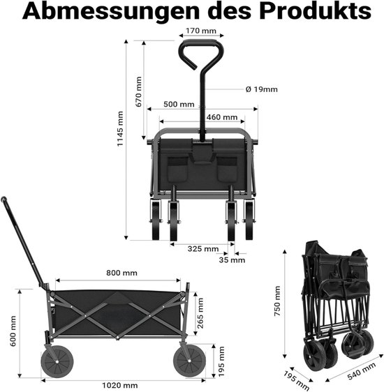 Quvo® Bolderkar Opvouwbaar Luchtbanden - Bolderkar Opvouwbaar - Bolderkar Kinderenvervoer - Zwart - 50cm x 102cm x 115cm van Merkloos — afbeelding 3