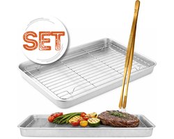 Braadslede met Afkoelrooster 304 RVS 31,8 x 24,8 x 3 cm + Gouden Keukenpincet 30,5 cm – Oven, BBQ & Airfryer Set