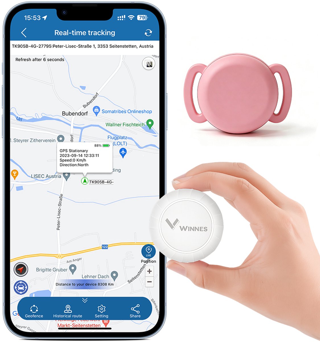 GPS Tracker Mini voor Hond, Kat, Auto & Voertuigen [Abonnement vereist] – Realtime GPS Tracker zonder SIM, 5m Nauwkeurig, 1 Jaar Batterij, Magnetisch, Geofence, 6 Maanden Routegeschiedenis, App Tracking met Siliconen Hoes