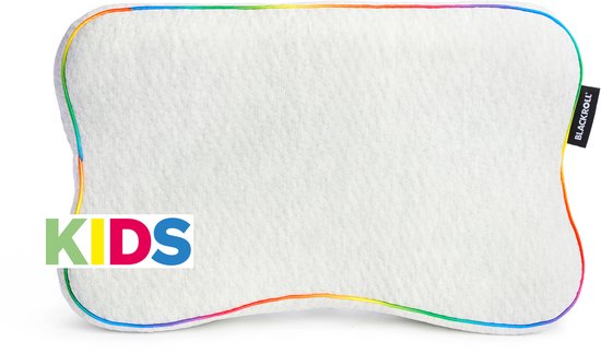 Wit ergonomisch BLACKROLL® kinderhoofdkussen met regenboogkleurige bies en 'KIDS' logo.