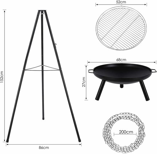 Rolu Barbecue - Vuurschaal BBQ - 94 × 94 × 149,5 CM - Grill Set - Grilloppervlak Ø52 CM - Driepoot Constructie - Dutch Oven van Merkloos — afbeelding 5