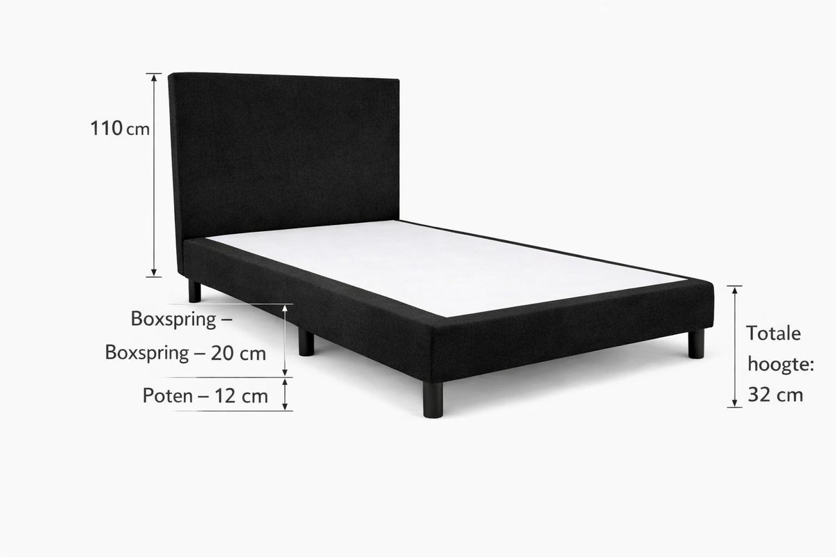 Boxspring Ayla Royal - 90x200 Zonder matras - Zwart Glad - Ayla Matrassen - 1 persoons