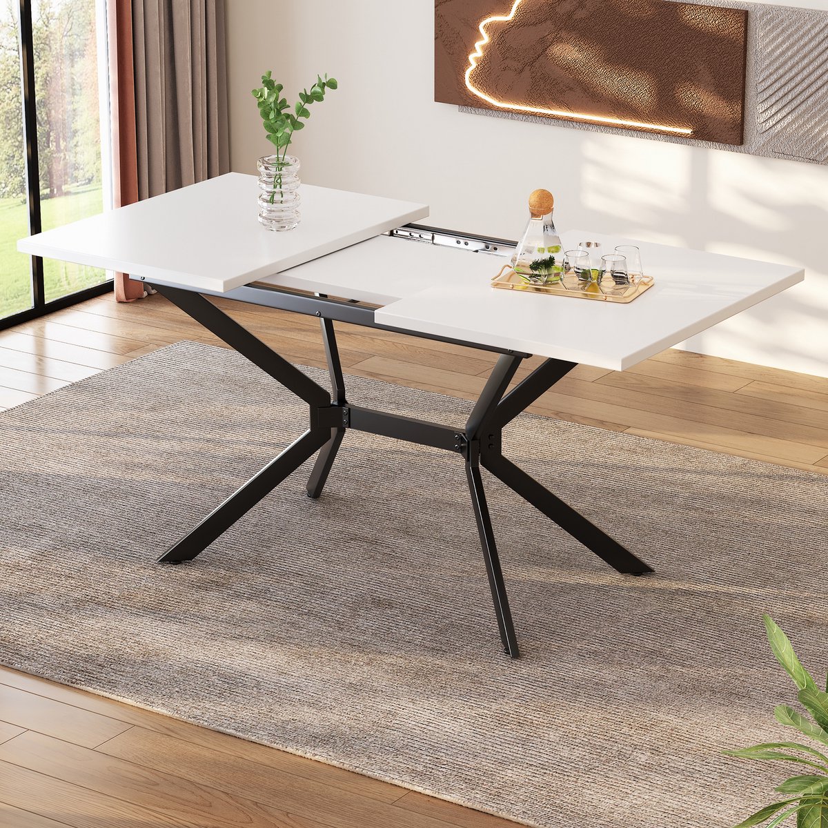 MODENUIT Eettafel - Uitschuifbaar Voor 4-6 Personen - Eetkamer - MDF Tafel Met Metalen Poten - Wit 120-160x80 cm wit&zwart