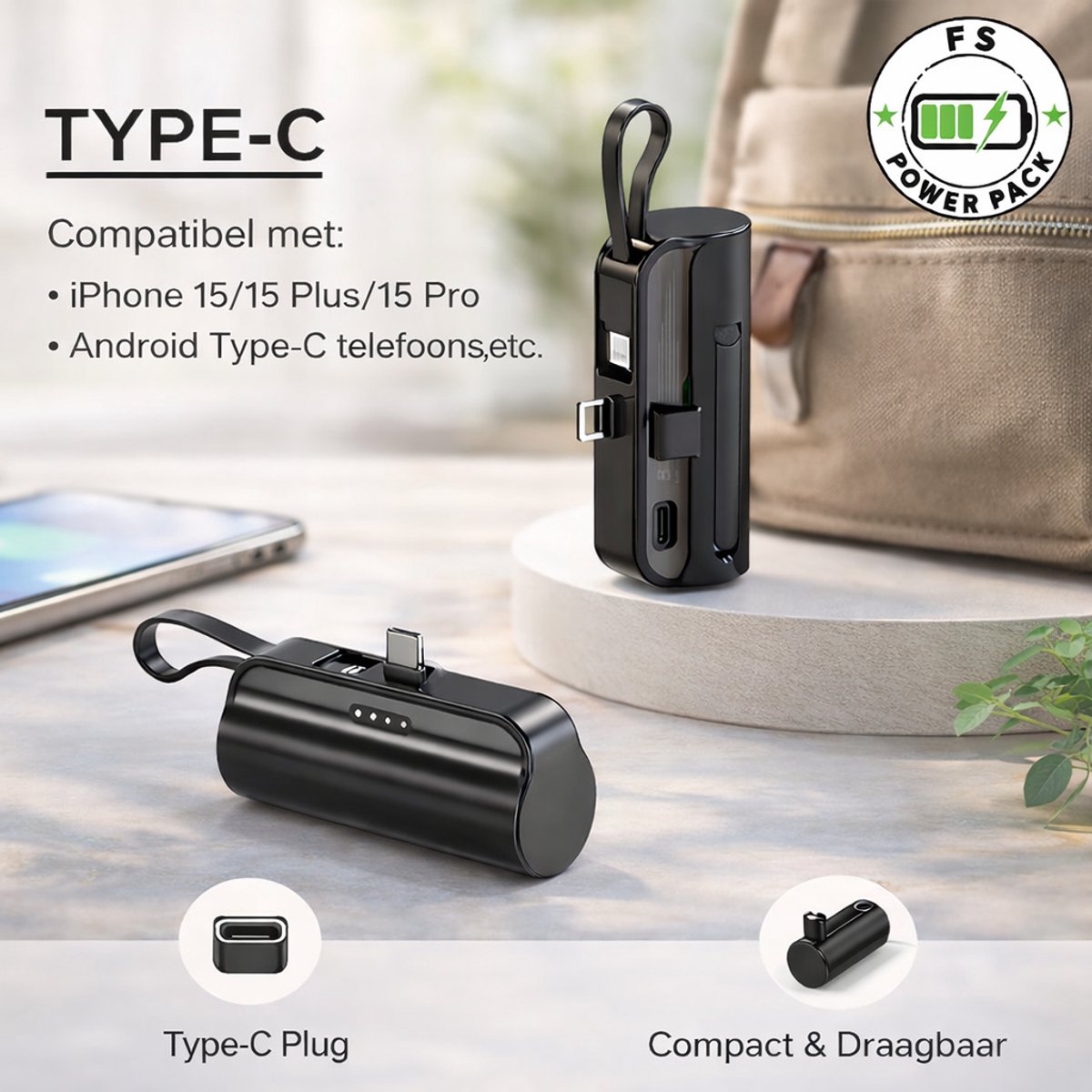 Universeel Draagbare Mini Power Bank FS Power Pack Mini Power Bank 5000mAh – Sleutelhanger Powerbank – Ultra Compact – Snelladen 2.1A – Type-C In/Output – Pocket Noodoplader voor Smartphone – Reizen & Onderweg-iPhone/Samsung Cadeau Nieuwjaar