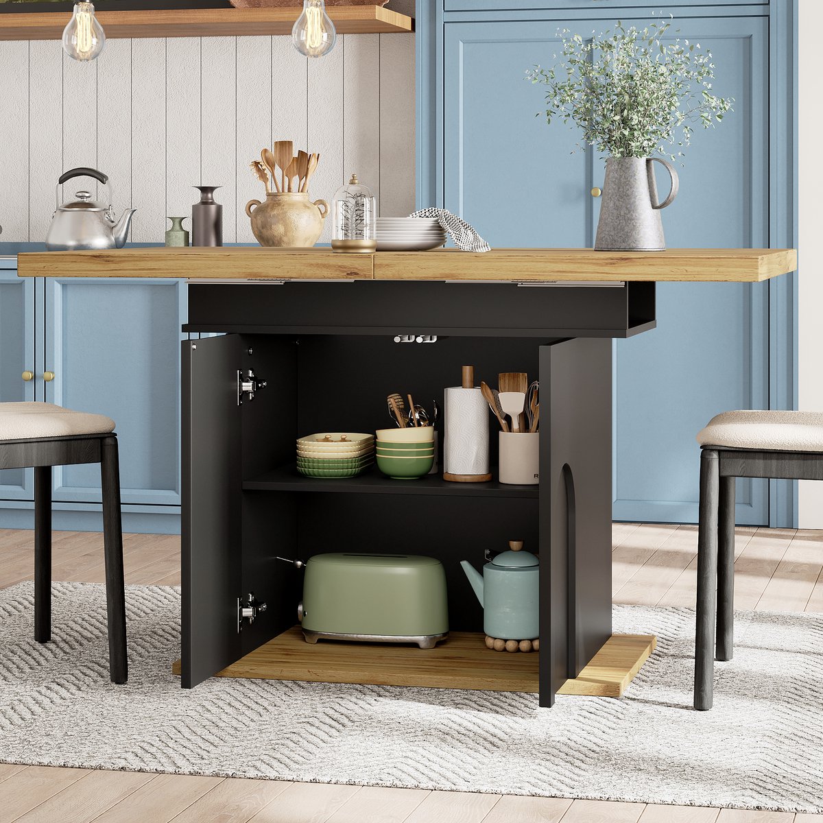 MODENUIT Eettafel - Uitschuifbaar Met Opbergruimte - Voor Keuken En Woonkamer - MDF Metaal - 110-140x80x76 Cm