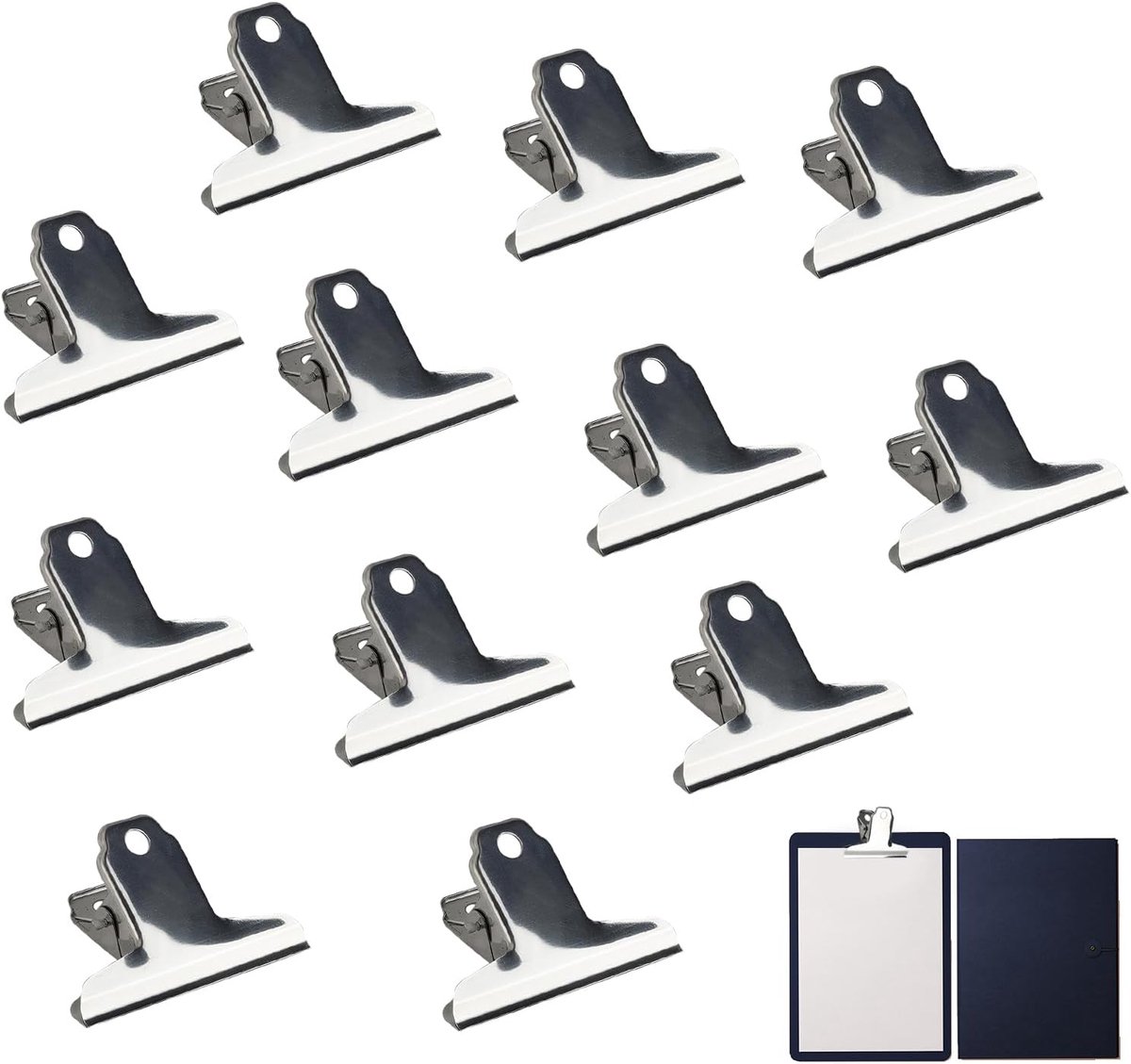 12 RVS Documentclips - 75 x 48 x 32 mm - Grote Bulldog Tick Tangen met Metalen Scharnier - Sterke en Herbruikbare Clips voor het Sluiten van Tassen - Organiseren van Kantoor en Keuken