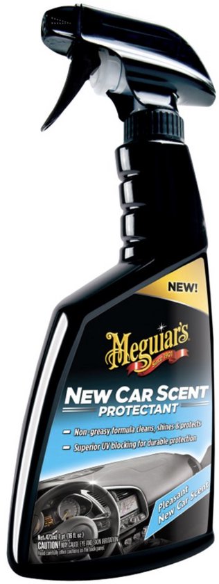 Flacon spray noir Meguiar's avec étiquette "New Car Scent Protectant" et image d'un intérieur de voiture. "NEW!" en lettres jaunes.