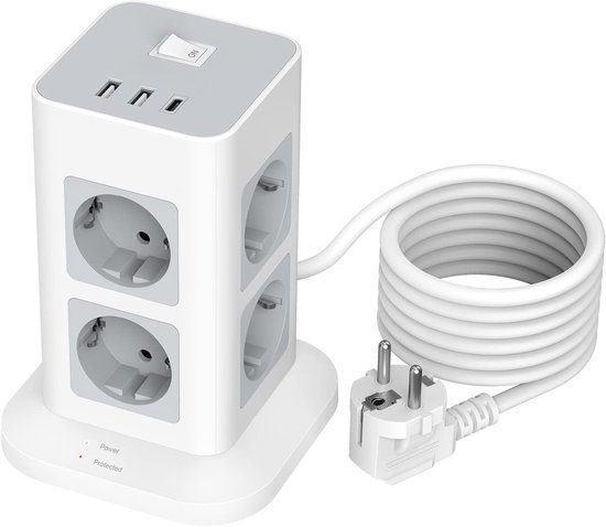 Witte, verticale stekkerdoos met 8 stopcontacten, 3 USB-poorten en een 2m lange kabel met stekker.