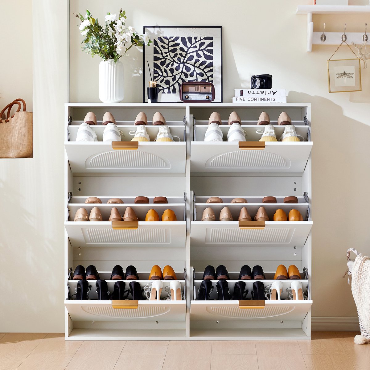 YYchan Schoenenrek - Moderne Schoenenkast voor Hal/Entree - Groot Schoenenrek met 6 Kleppen - 118x25x115 cm - Wit