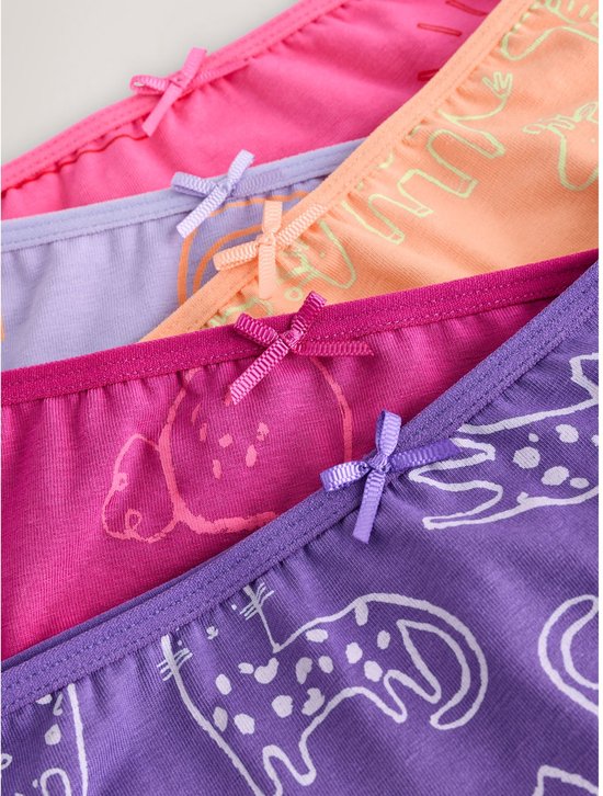Paarse, roze en perzikkleurige onderbroeken met prints en strikjes.