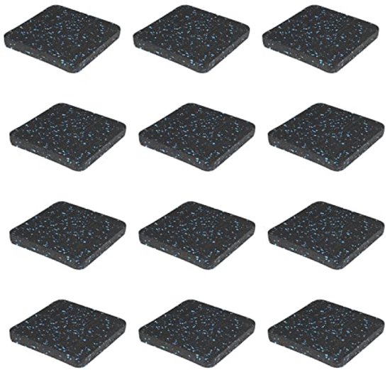 Twaalf zwarte vierkante beschermtegels met blauwe spikkels, opgesteld in een 3x4 raster.