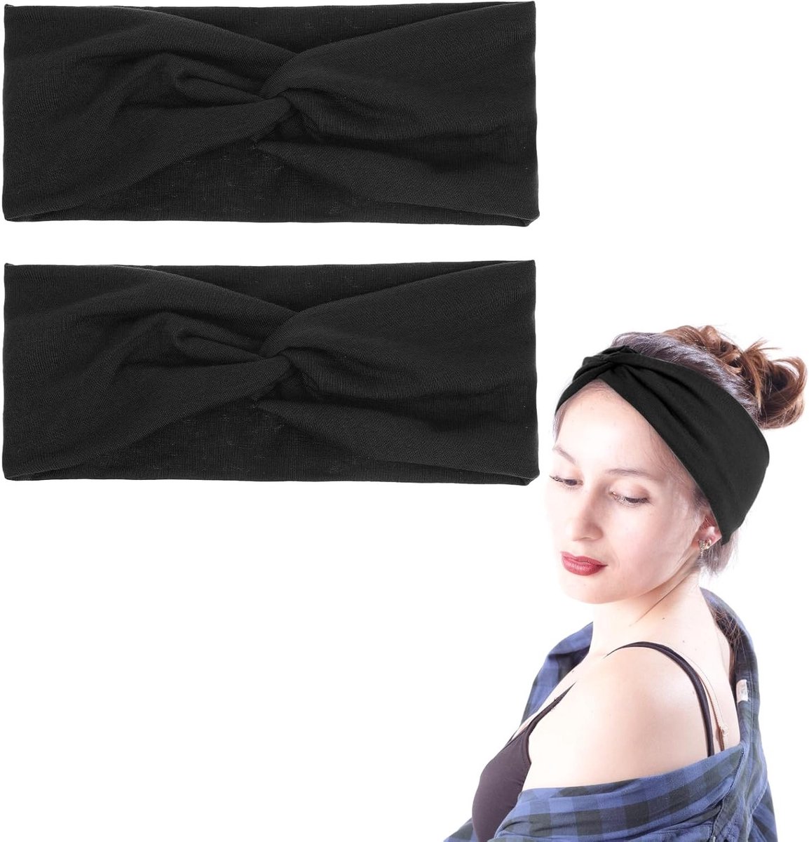 2 Stuks Brede Haarbanden voor Vrouwen - Vintage Turban Haaraccessoires met Knoop - Zwart en Groot voor Afrikaans Stijl Haarstyling