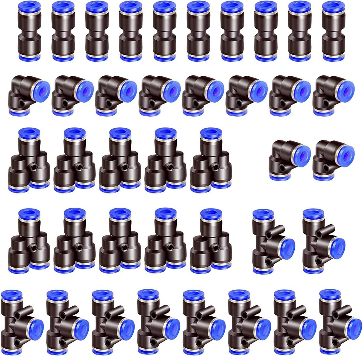 40 Stuks Pneumatische Verbindingen, 8mm Luchtdrukconnectoren, Recht, Elbow, T-vormig en Y-vormig voor Snelle Montage