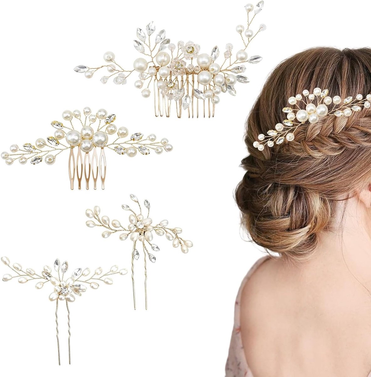 Elegante Haaraccessoires voor Bruidskapsels met Faux Parels en Strass - 4 Delige Set voor Trouwerijen en Feestelijke Ceremonies