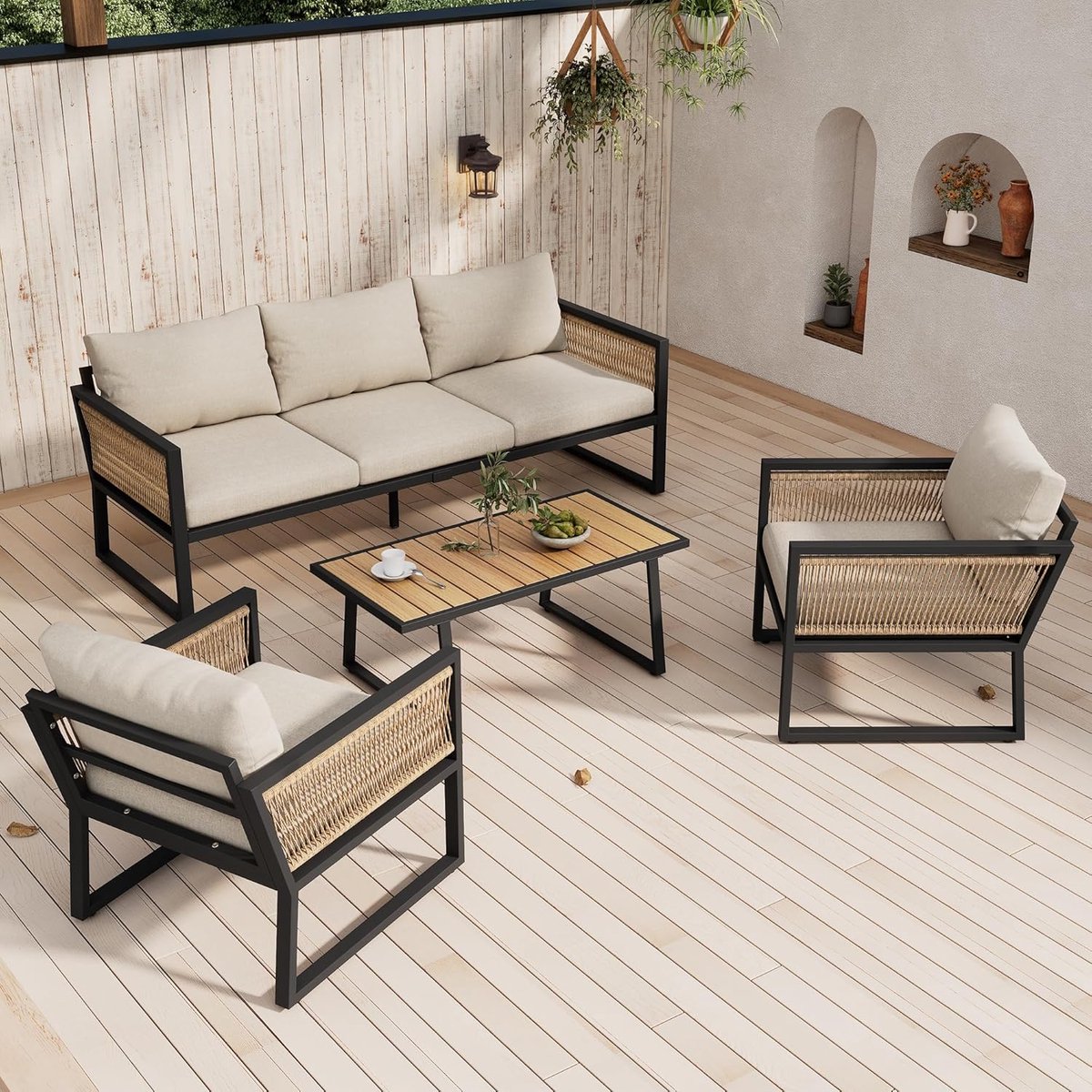 Tuin loungeset 4-persoons 109x67x75 cm – polyrotan bank met stoelen en tafel, comfortabele kussens, weerbestendig en modern design voor balkon, terras en tuin – Urbanhome