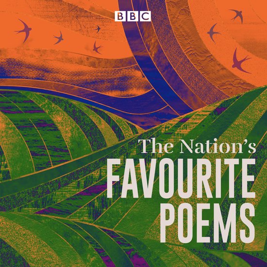 Le fond montre des collines ondulantes avec des motifs verts et oranges, un ciel violet avec des formes d'oiseaux. Le texte "The Nation's FAVOURITE POEMS" est centré.
